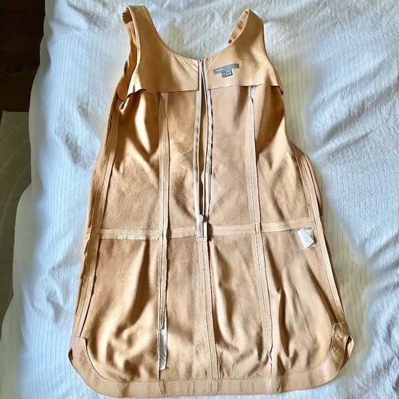 VINCE 100% Lamb Leather Sleeveless Tank Front Pocket Mini Shift Dress Tan Size 2 - Picture 12 of 15